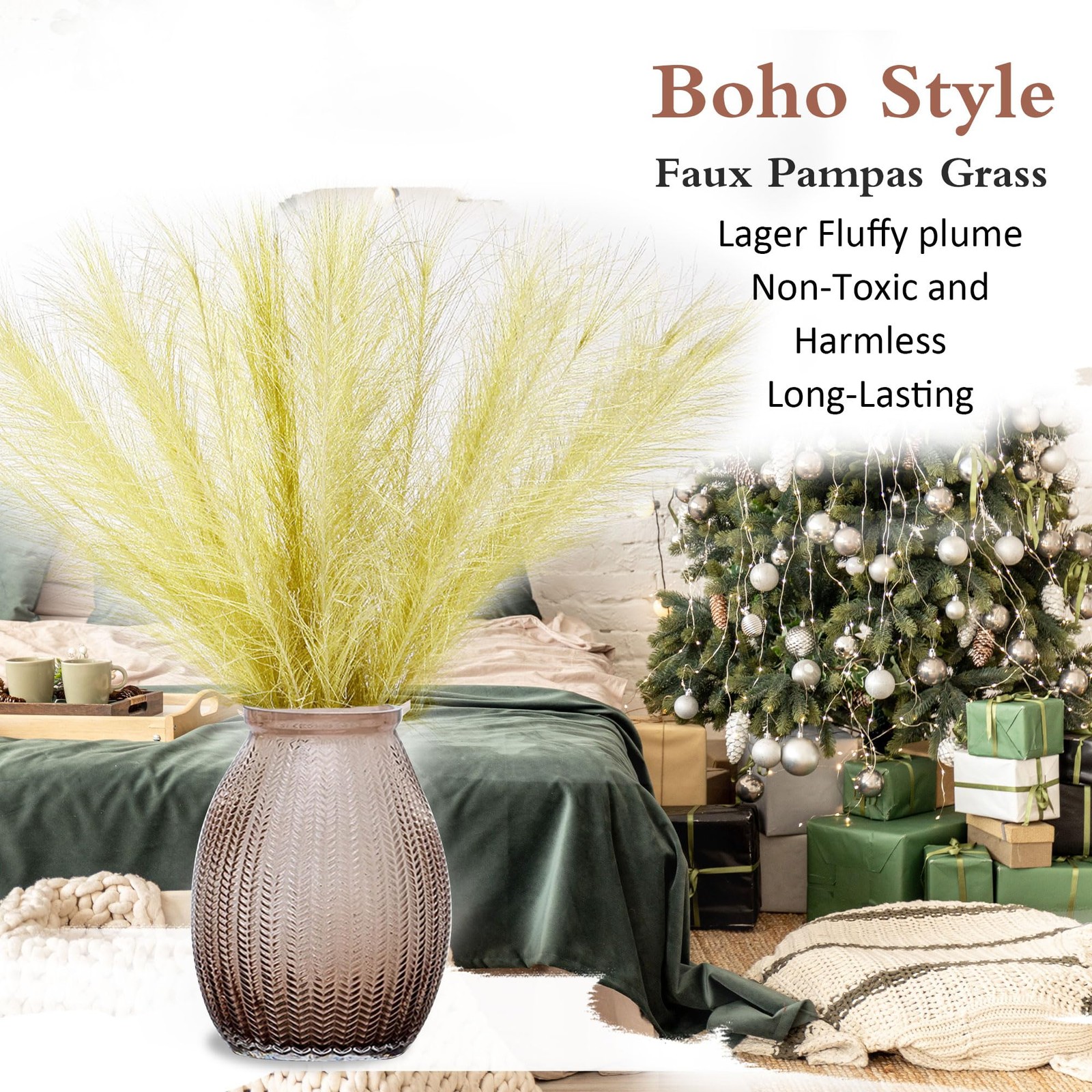 Golden Pampas Grass Small, 30 Pcs 17″ Faux Pampas Grass Short Decor, Pompas G…
