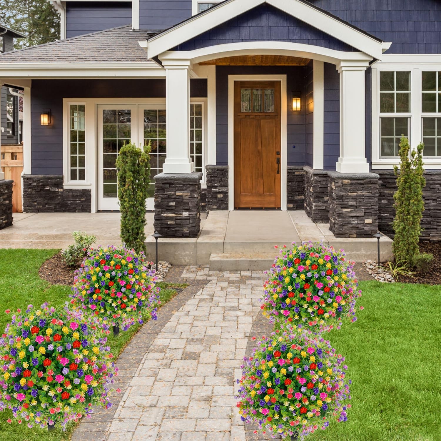 Artificial Topiary Trees with Flowers Outdoor, 2 Pack UV Resistant 23.6” Fau…