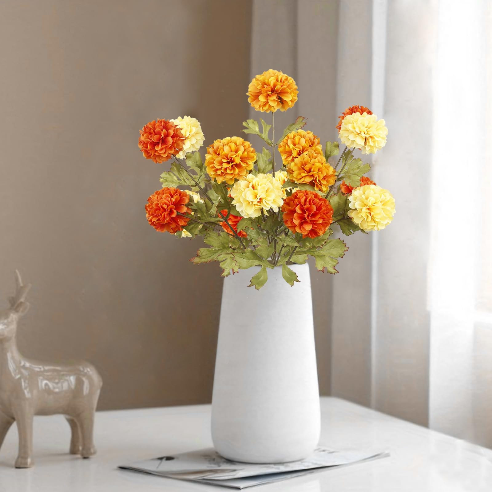 Artificial Marigold Flowers 3 PCS Orange Silk Chrysanthemum Ball Mum Bouquet