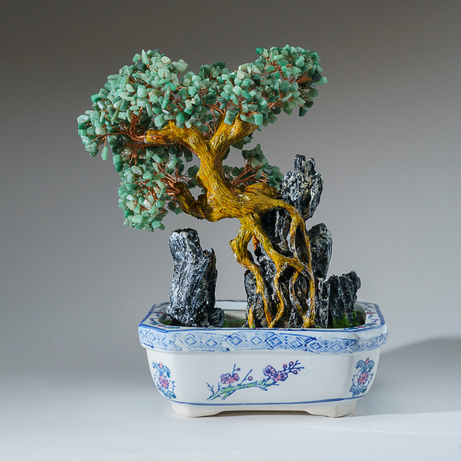 Genuine Green Aventurine Gemstone Bonsai Tree in Round Ceramic Pot (13”)