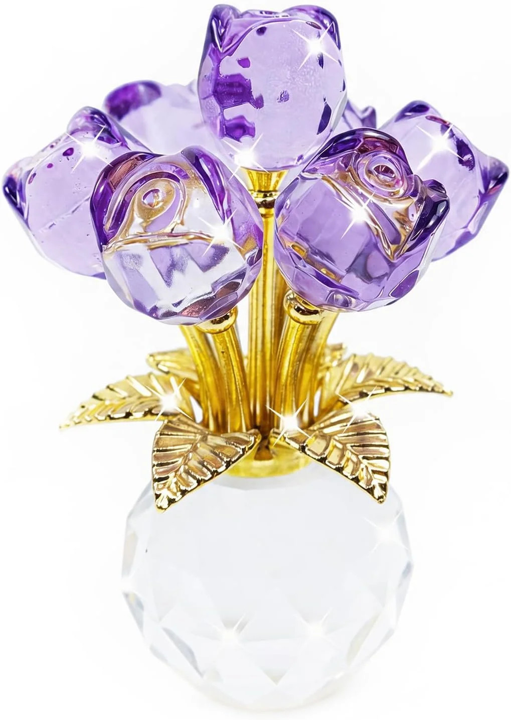 Crystal Rose Flower Figurine with Round Vase, Crystal Flowers, Glass Flowers wit