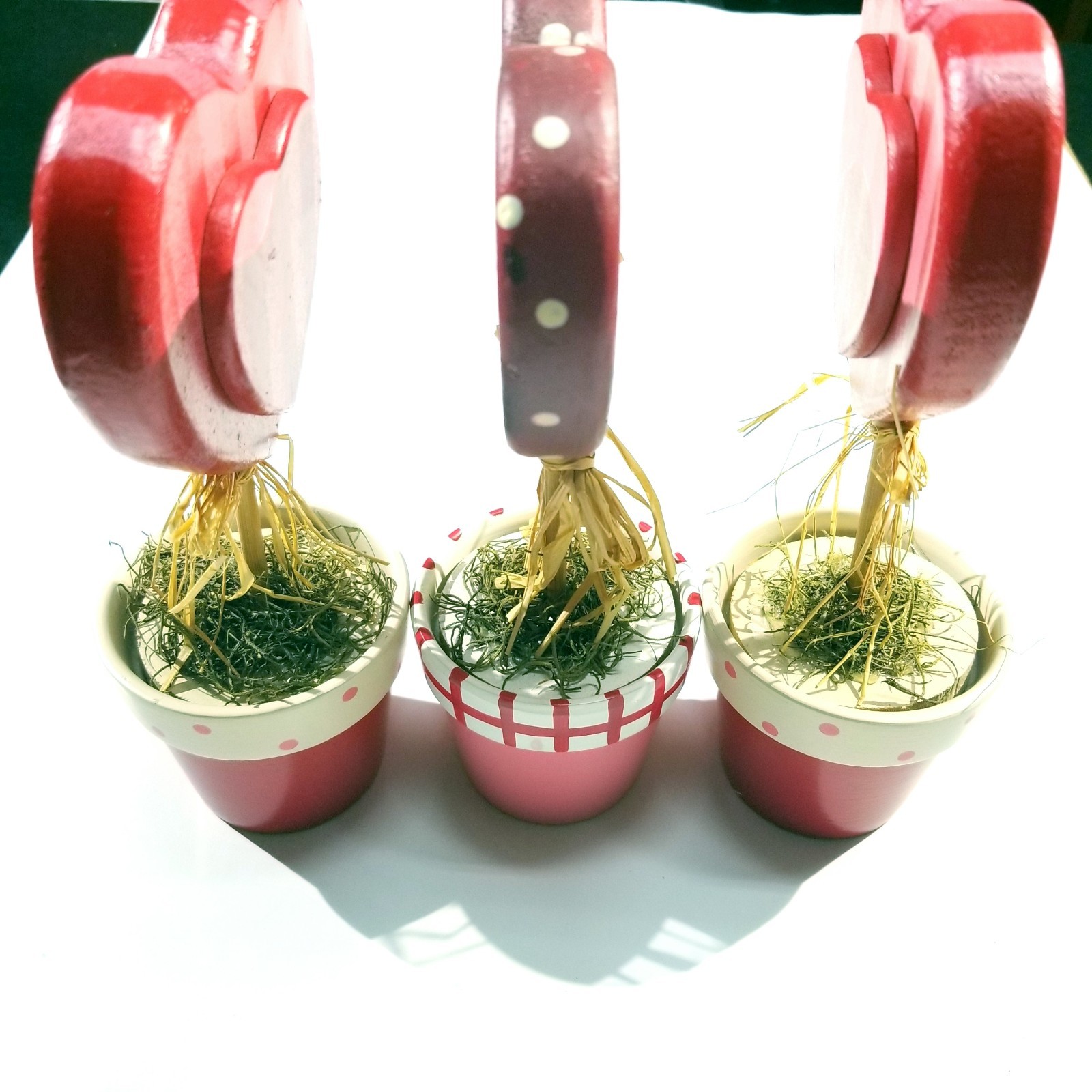 Lot of 3 Heart Topiary Decor Red Pink Polka Dot Striped Pots 9” Valentine Decor