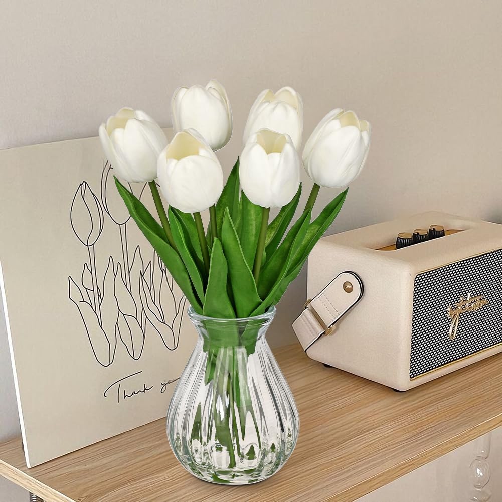 Artificial Tulips Flowers Floral Arrangement – 6 Stems Faux Flowers with Clea…