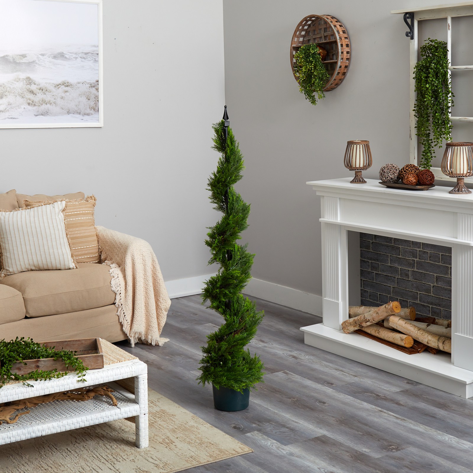 Nearly Natural 60″ Cypress Spiral Tree with Pot and Faux Soil in Green/Black