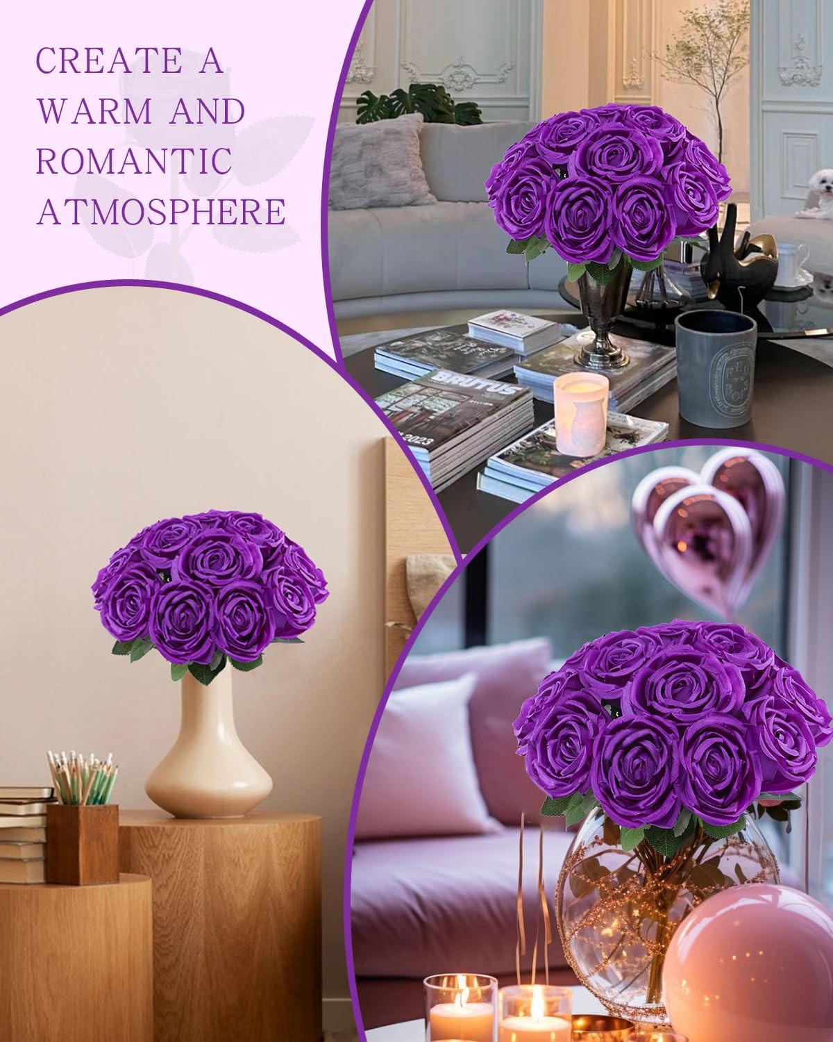 10 Pcs Purple Fake Roses, Silk Artificial Flowers with Long Stems,Realistic F…