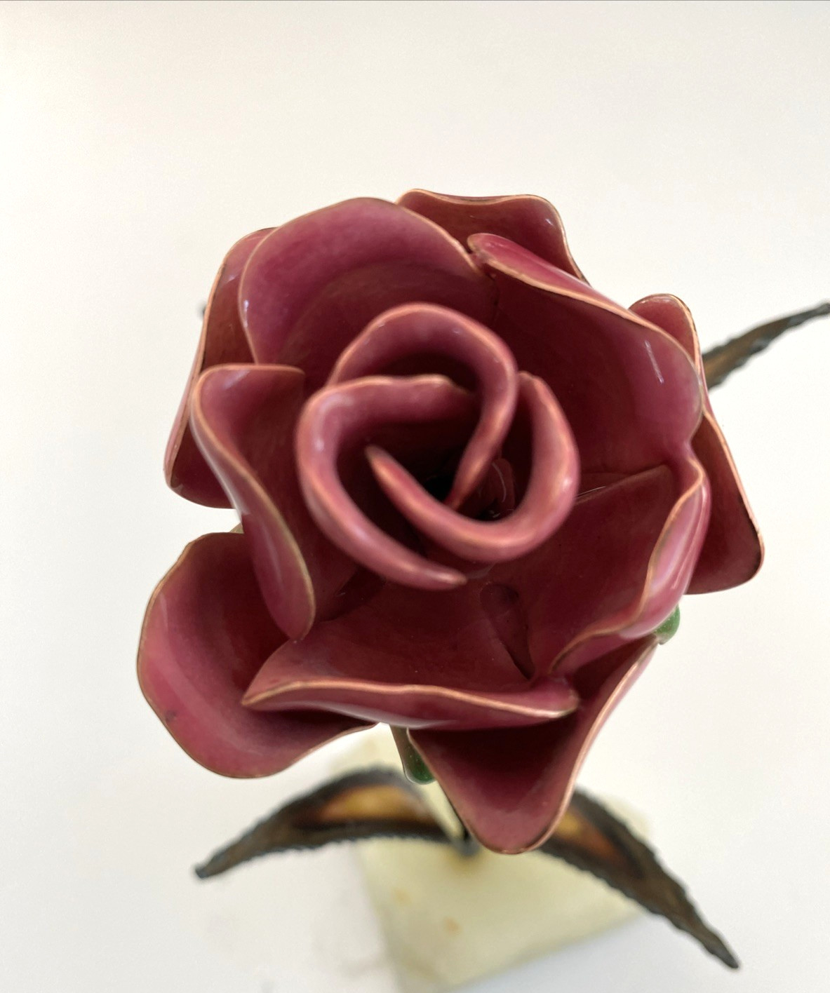 Rose Enamel Copper Flower Mid Modern Metal Art on Stone Onyx