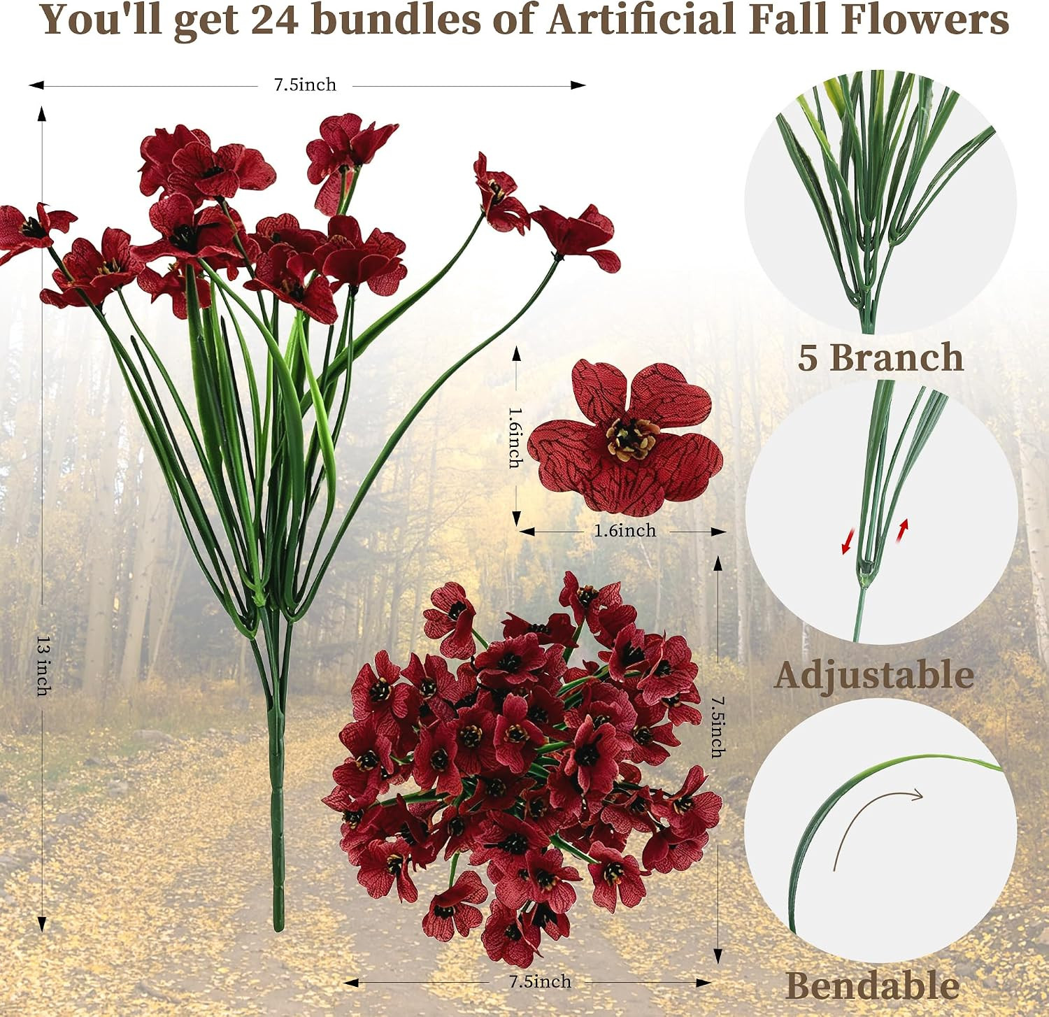 24 Bundles Burgundy Artificial Flowers for Outdoors Fake Plant Mum | Artificial