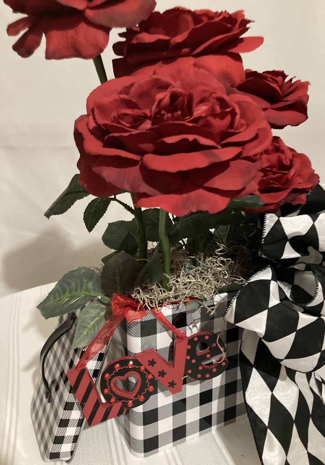 Valentine Red Roses With Black & White Checked Container