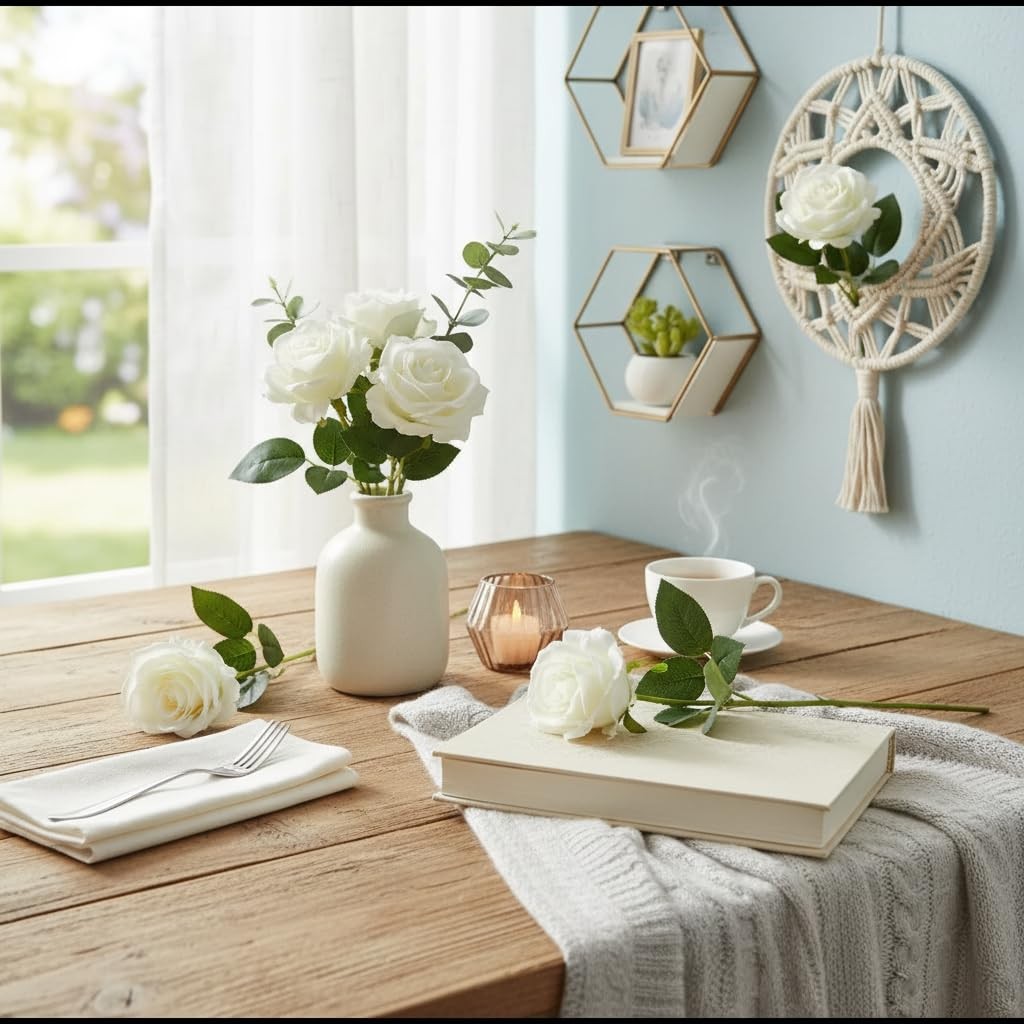 1Pc White Artificial Silk Roses Long Single Stem Artificial Roses for Home De…
