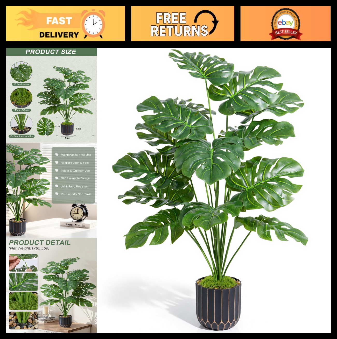 28″ Tall Artificial Monstera Plant – Faux Indoor/Outdoor Tree for Home Decor