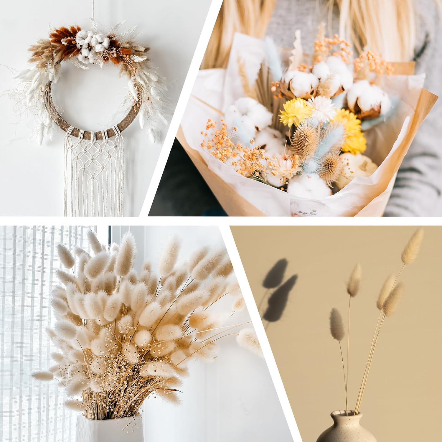 15.7In Bunny Tails Dried Flowers, 80Pcs Pampas Grass Decor Rabbit Tail Natural P