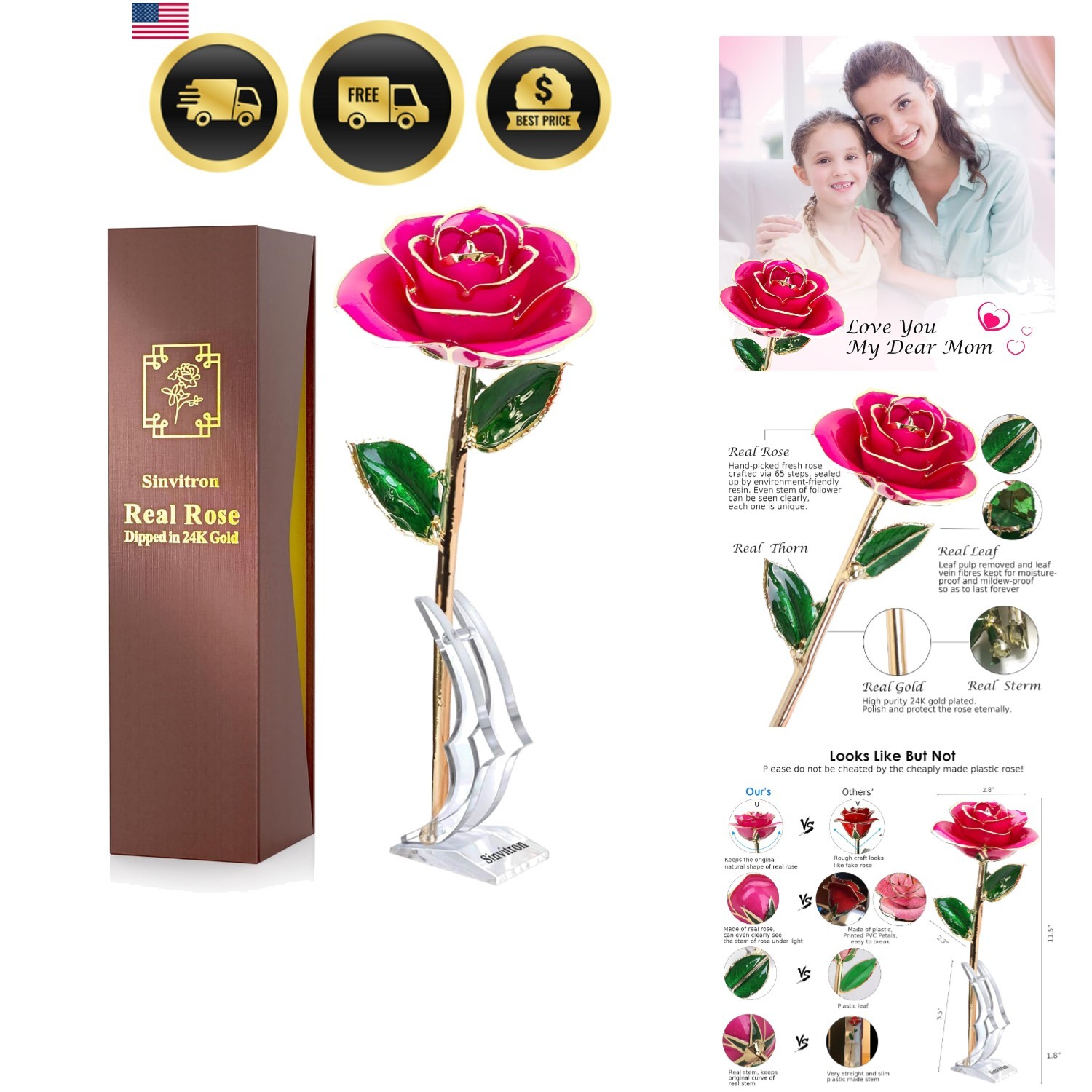 Gold Dipped Rose Eternal Flower Decor Gift for Birthdays Mother’s Day Anniver…