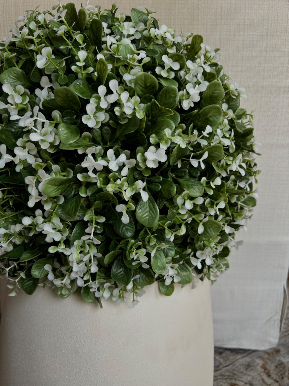 W&C Artificial Boxwood Topiary Ball With White Blooms -The Lane, 17 in, UV Rated