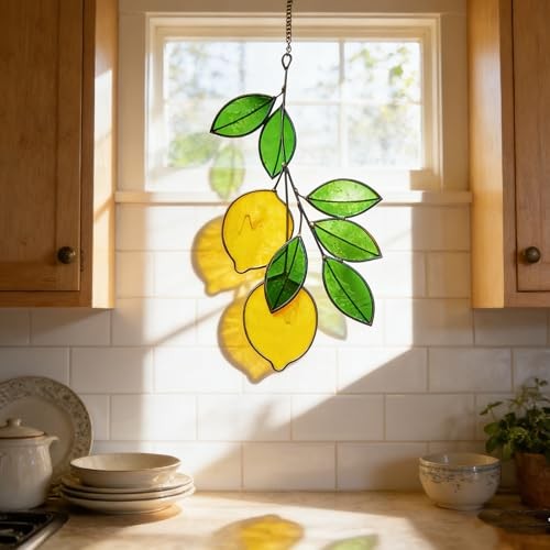 Stained Glass Suncatcher, Handcrafted Window Hanging Decor | Real Stained Lemon