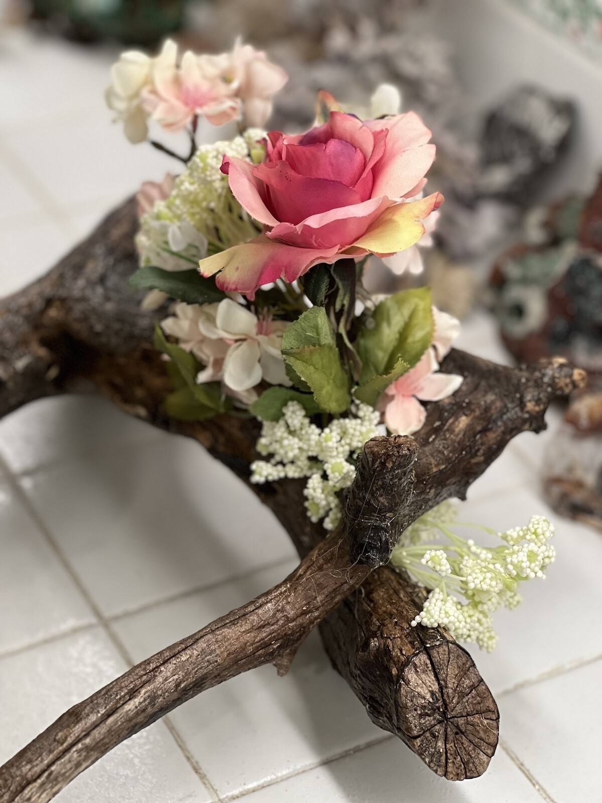 ORIGINAL FLORAL DESIGN WOOD BASE, ROSES, PEACH BLOSSOMS MOSSES BABY BREATH