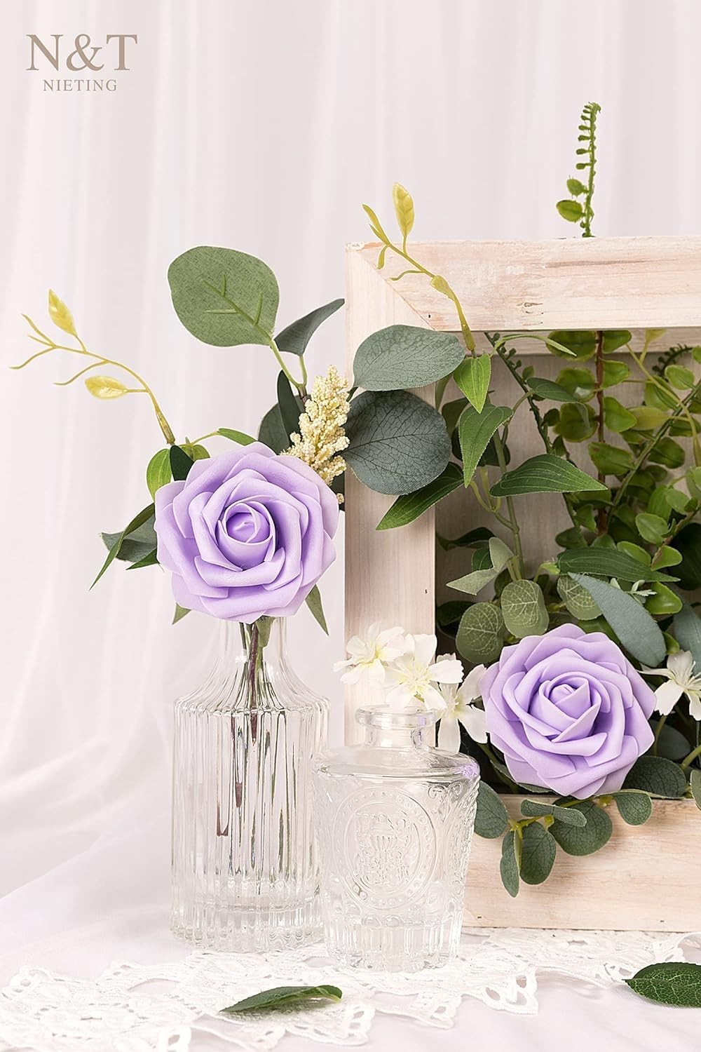 N&T NIETING Purple Roses Artificial Flowers 25Pcs Fake Flowers Foam Roses with S