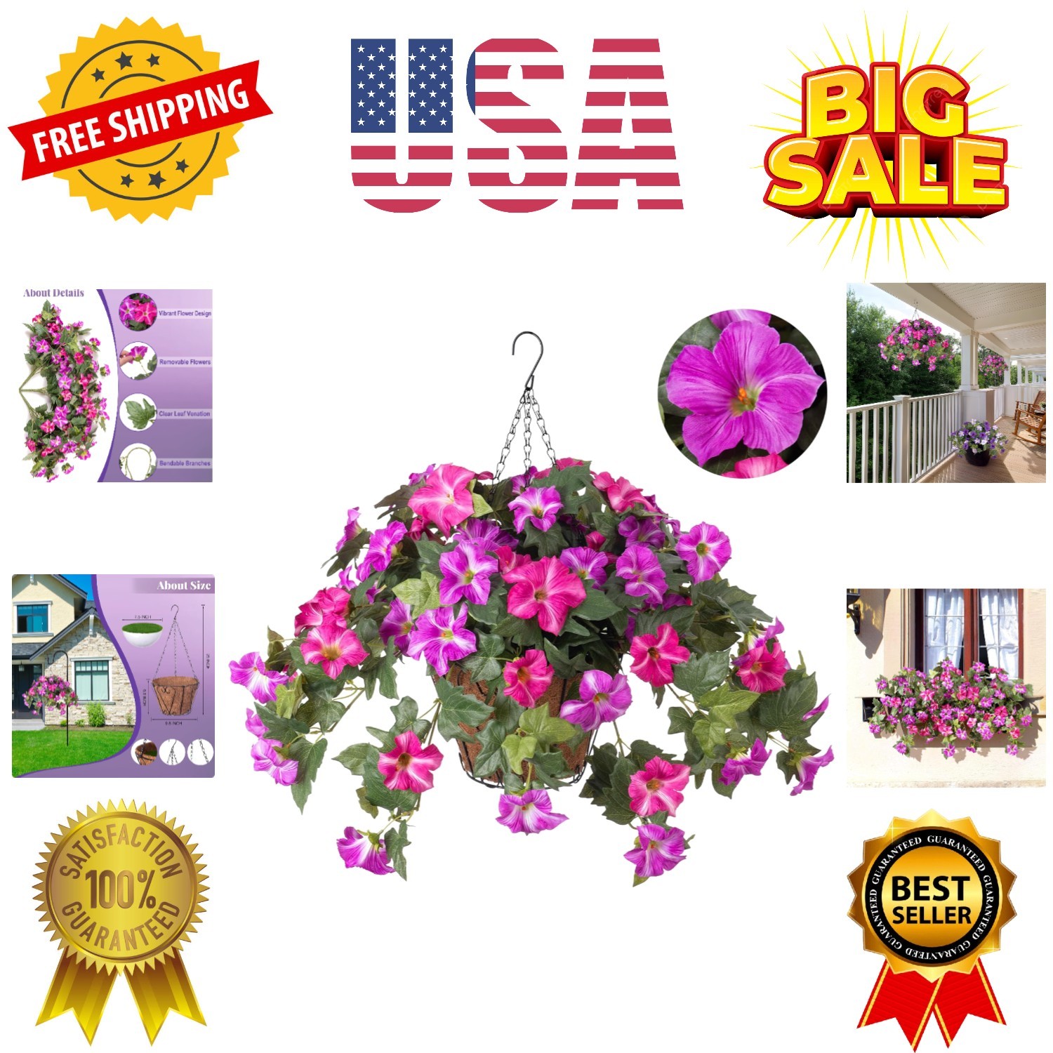 Artificial Hanging Fake Flowers with Basket Plants for Outdoor Decoration, Fa…