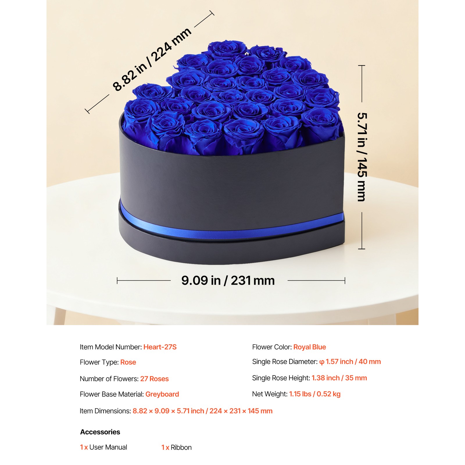 Uimoso 27 Preserved Roses in Heart-Shaped Box – Eternal Royal Blue Bouquet