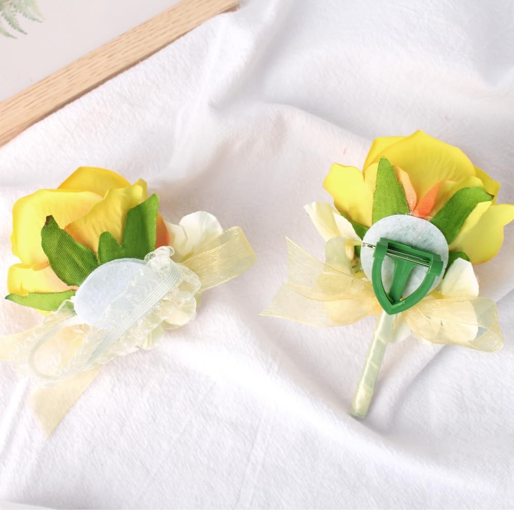 Yellow Rose Corsage Wristlet Boutonniere Set Artificial Flowers Prom 1 PCS
