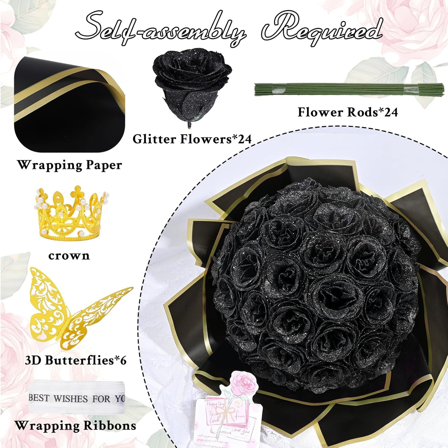 Black Glitter Roses Bouquet, DIY Flowers Bouquet, Birthday Gifts for Women Mom G