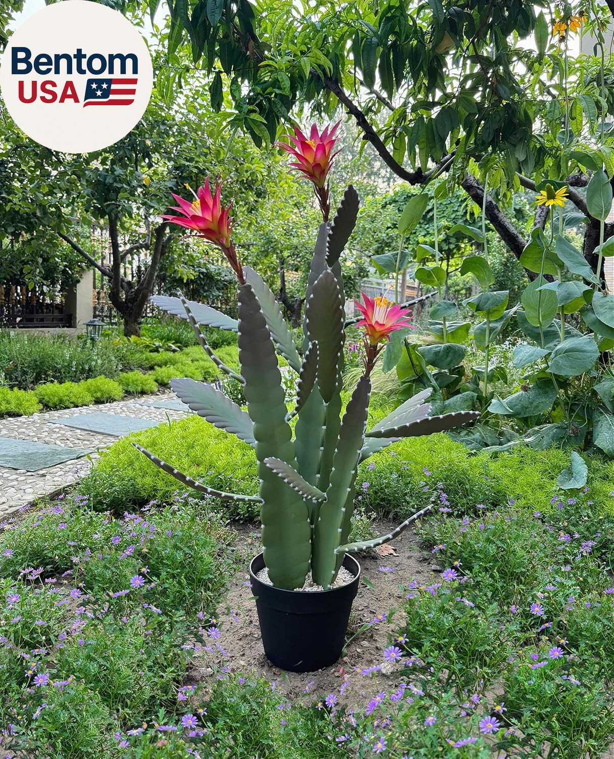 33 Inch Large Artificial Cactus with Magenta Flowers in Pot with Natural Gravel.
