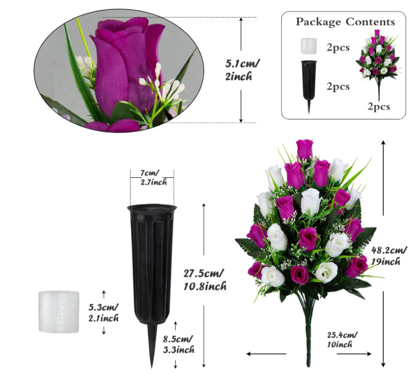 2 Sets Artificial Cemetery Flowers, Grave Decorations Roses, Memorial Flowers Bo