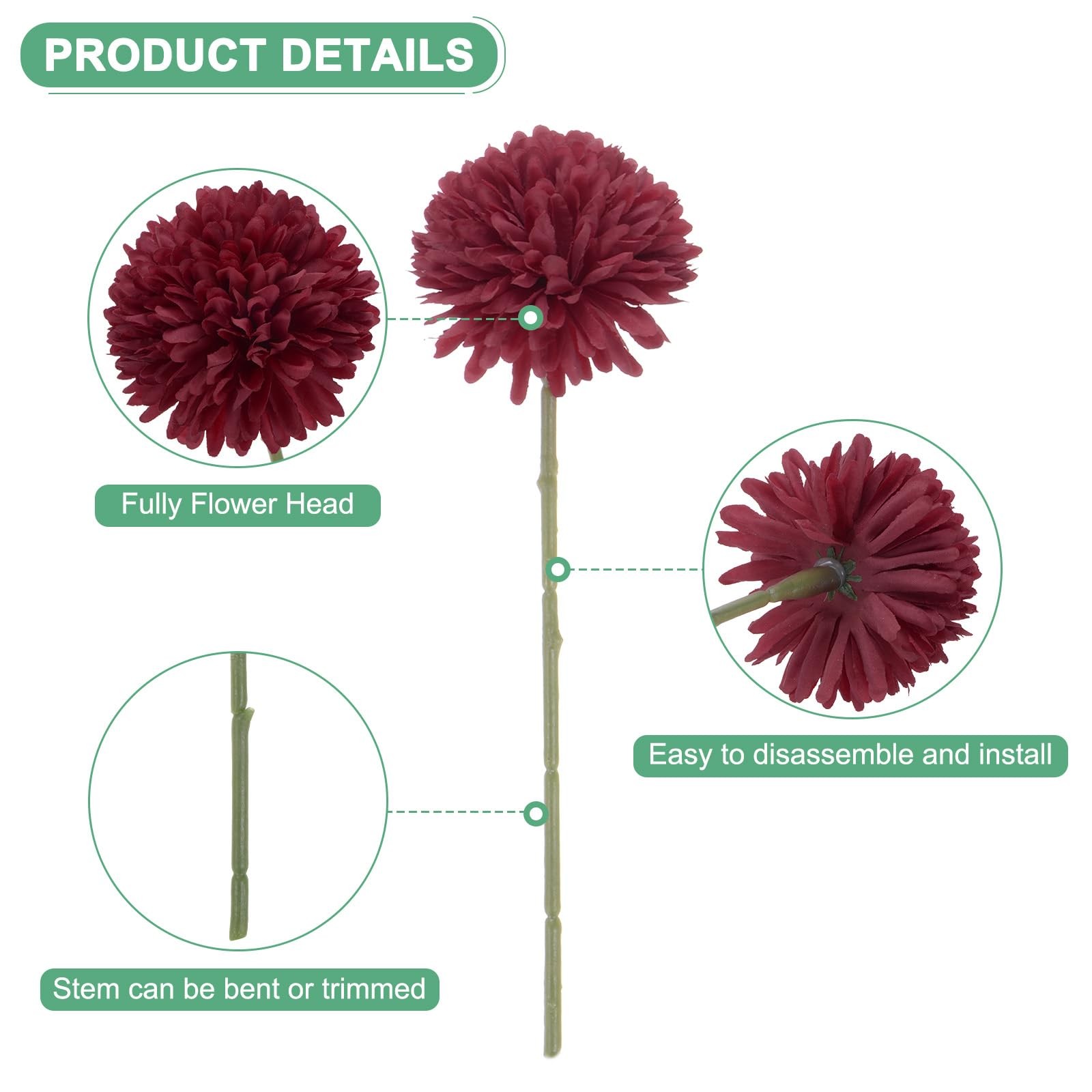 Artificial Chrysanthemum Ball Flowers 11 Inch Silk Real Touch Wine Red 12 PCS