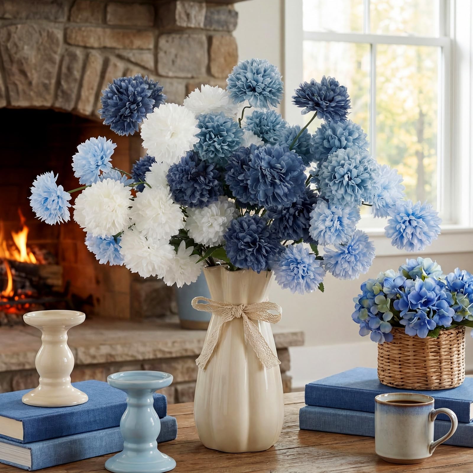 White Navy Blue Artificial Chrysanthemum Silk Mum Flowers 8 PCS 21 Inch Ball