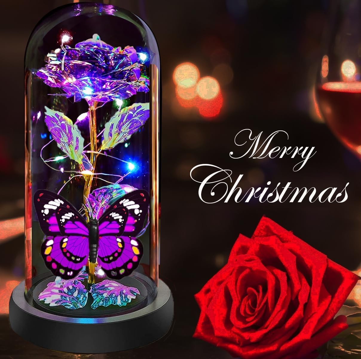 Fvawe Valentines Rose Glass Flowers Gifts for Her, Galaxy Crystal B-purple