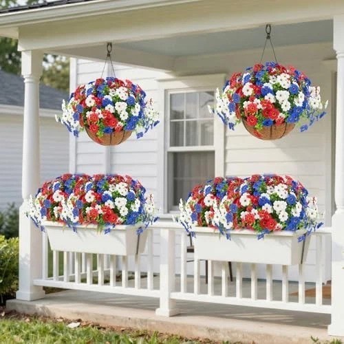 Artificial Hanging Flower Baskets 2 Sets 24 Pieces Red White Blue Patriotic