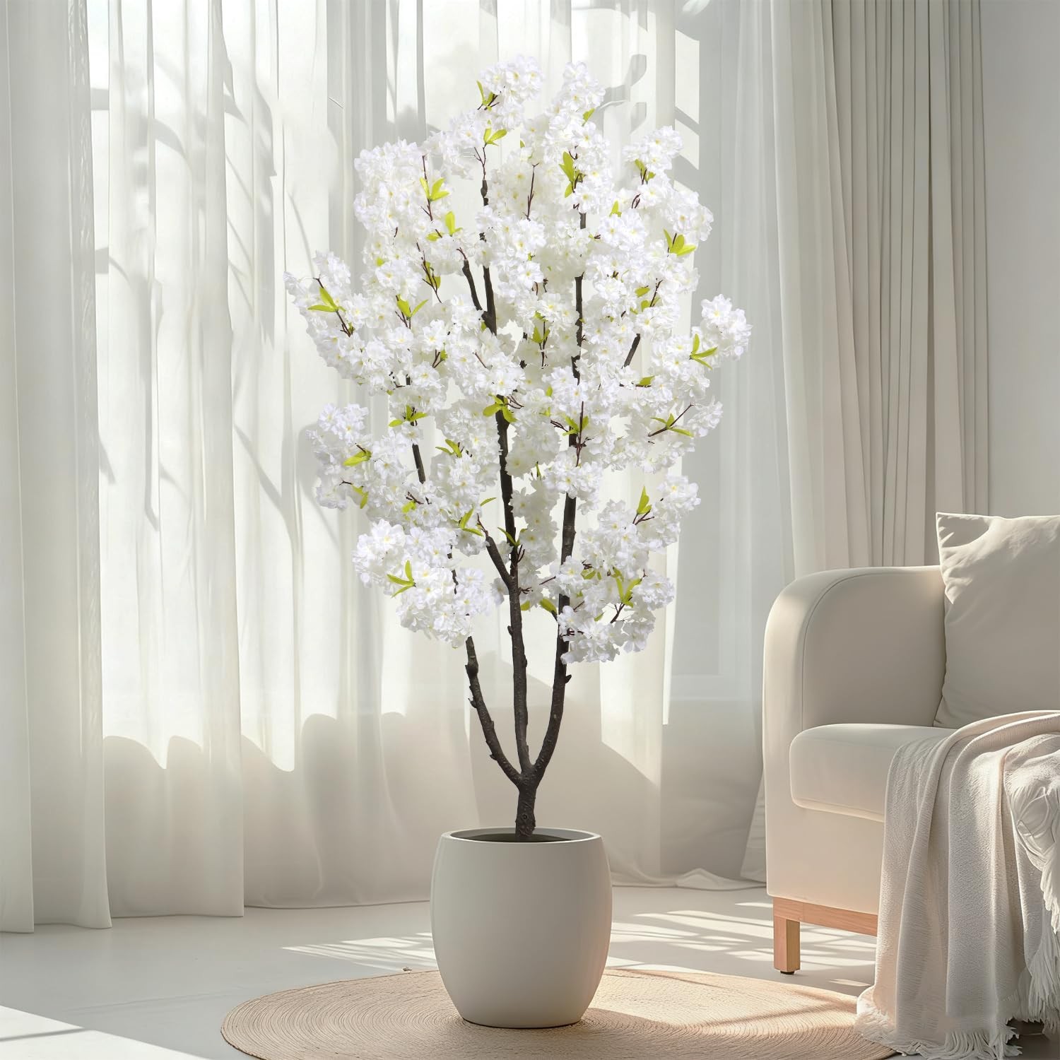 Faux White Cherry Blossom 6ft(72in) Artificial Floor Plant for Indoor Decor N…