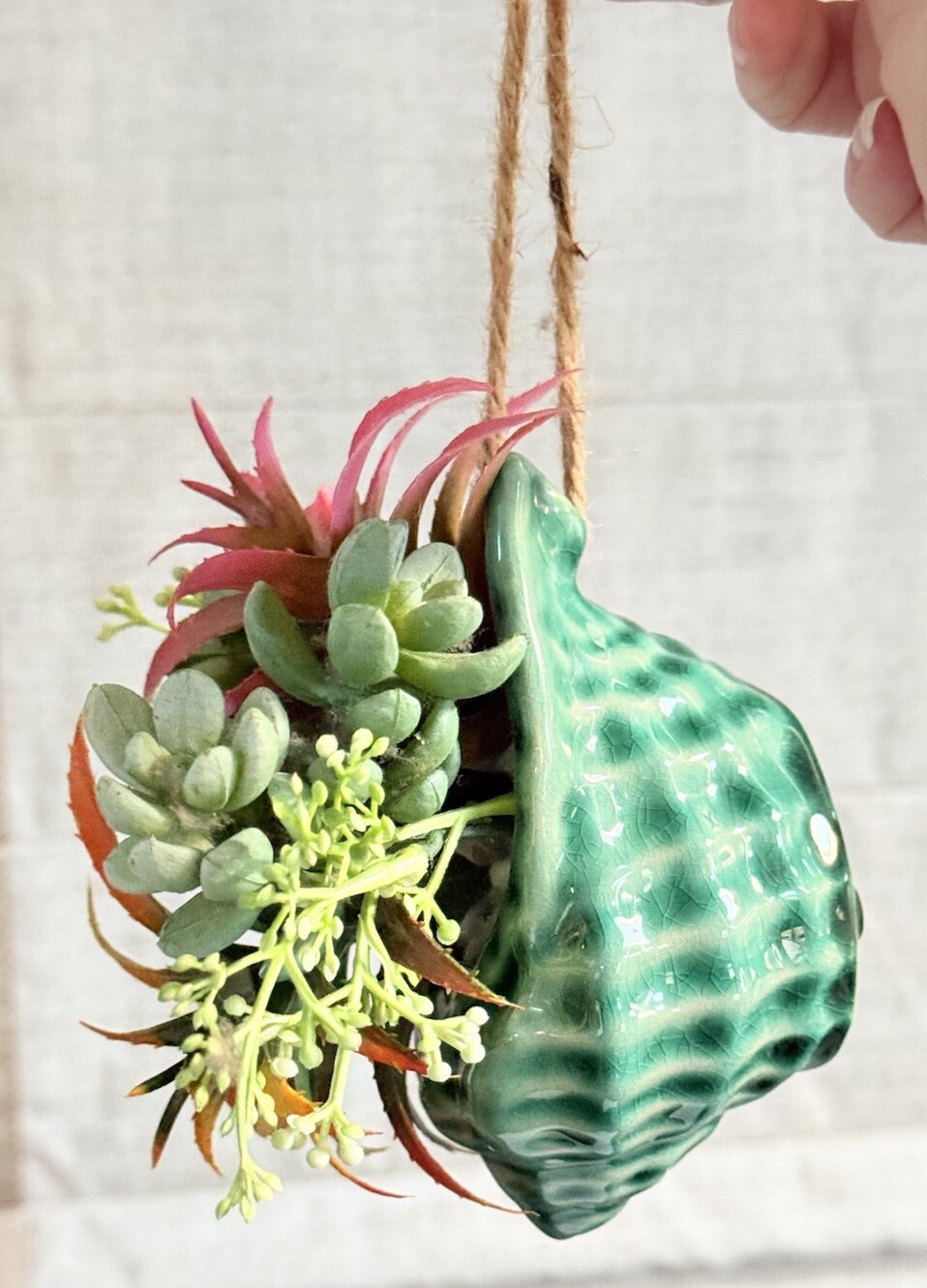 Fake Assorted Plants Faux Succulents in VTG Seashell Hanging Pot Realistic Plant