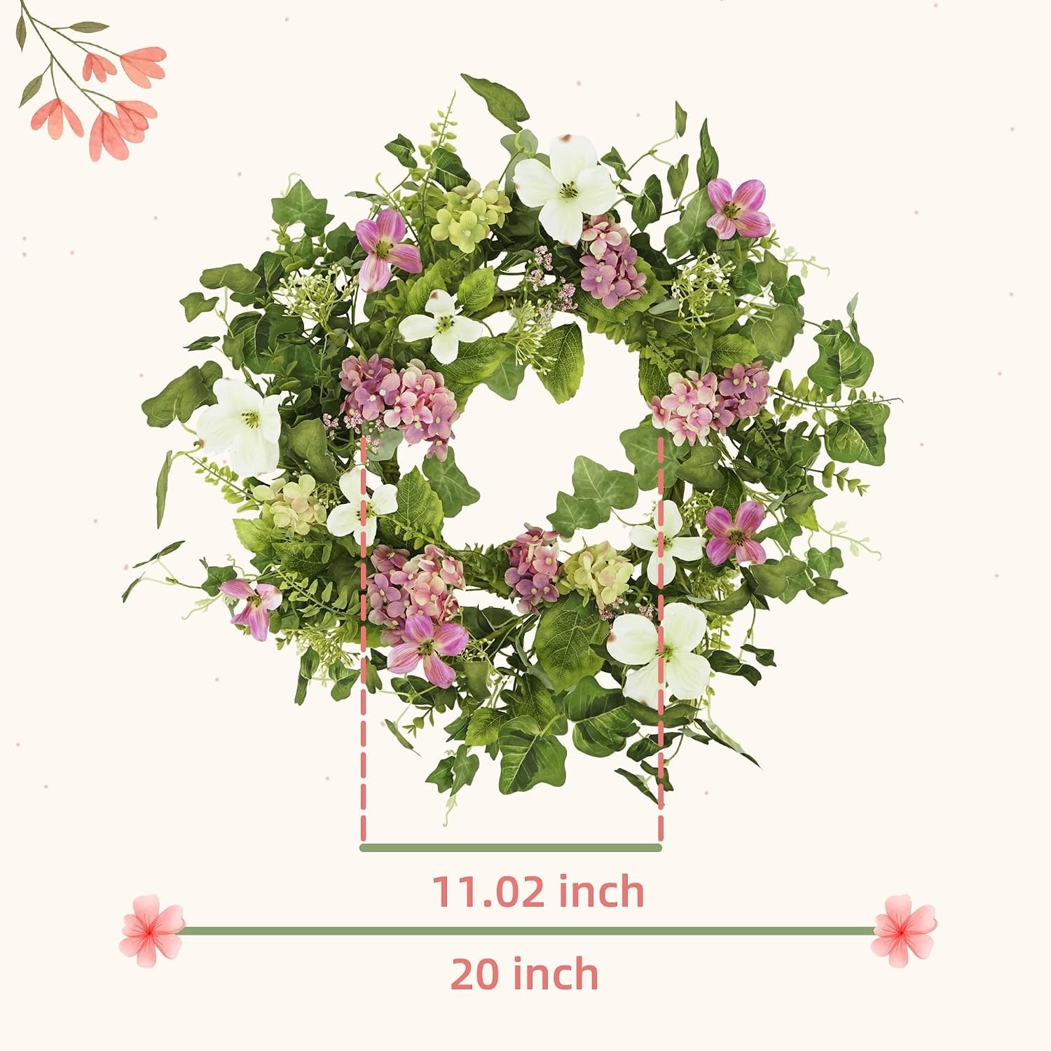 20″ Handcrafted Floral Wreath with Pink Hydrangeas – Ideal for Any Occasion