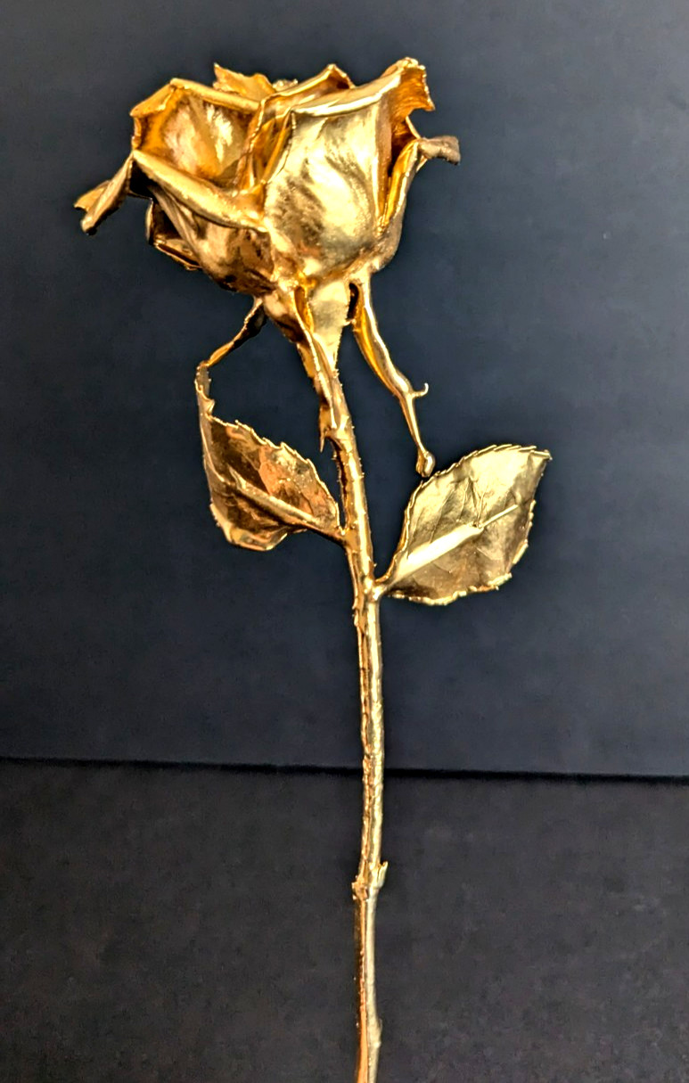 Golden Rose Figurine Real Preserved Rose Metallic Gold Dipped Decoration 11.1/8″