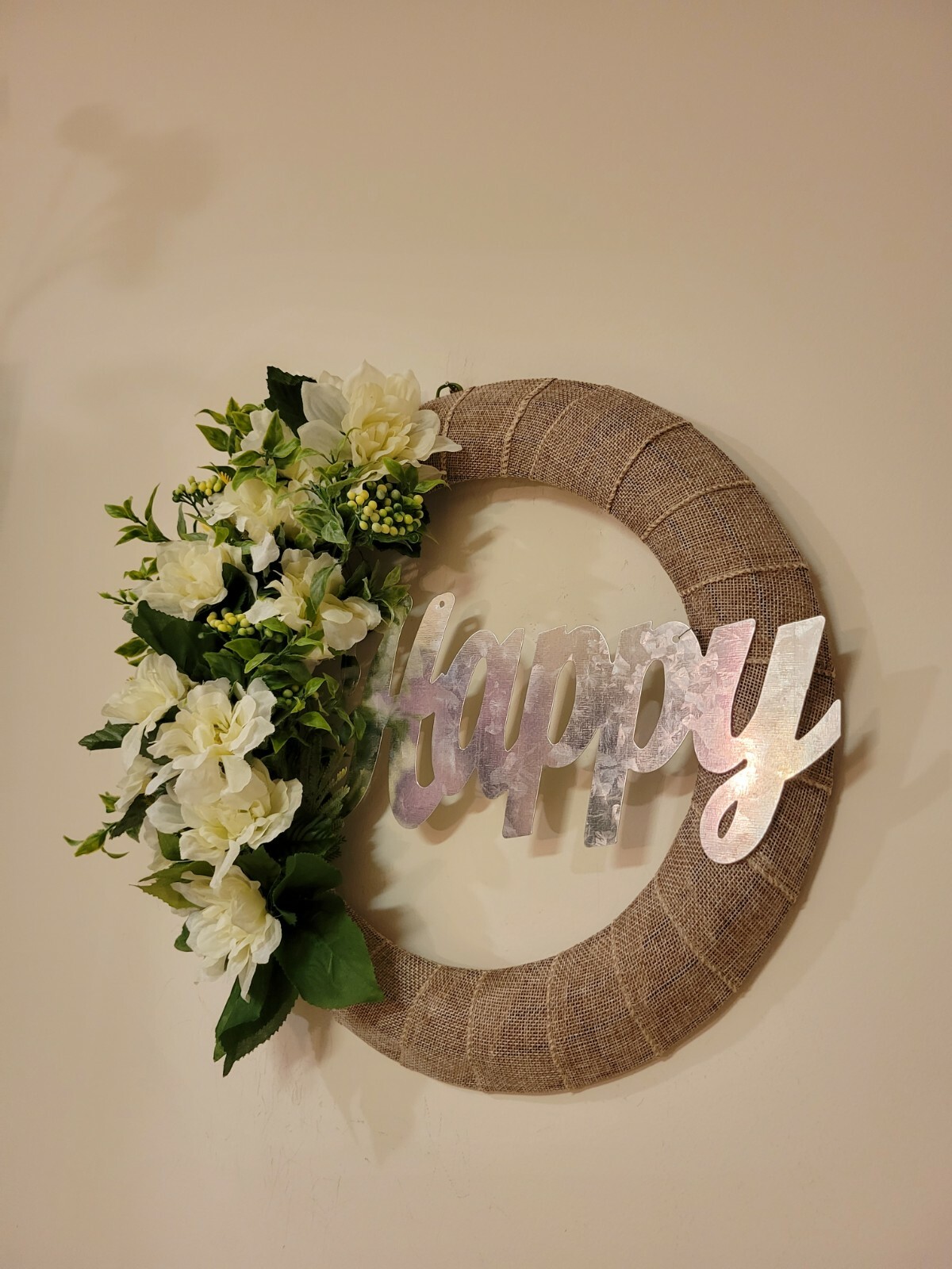 HAPPY white green Dahlias Zinnias burlap WREATH flowers Decor Front Door 16″ new