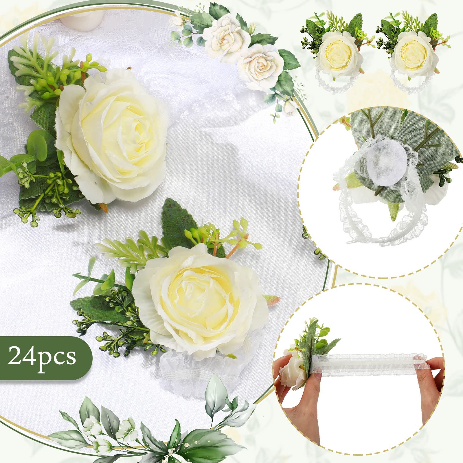 24 Pcs Wedding Rose Wrist Corsage Wristlet Band for Bridal Bridesmaid Women F…