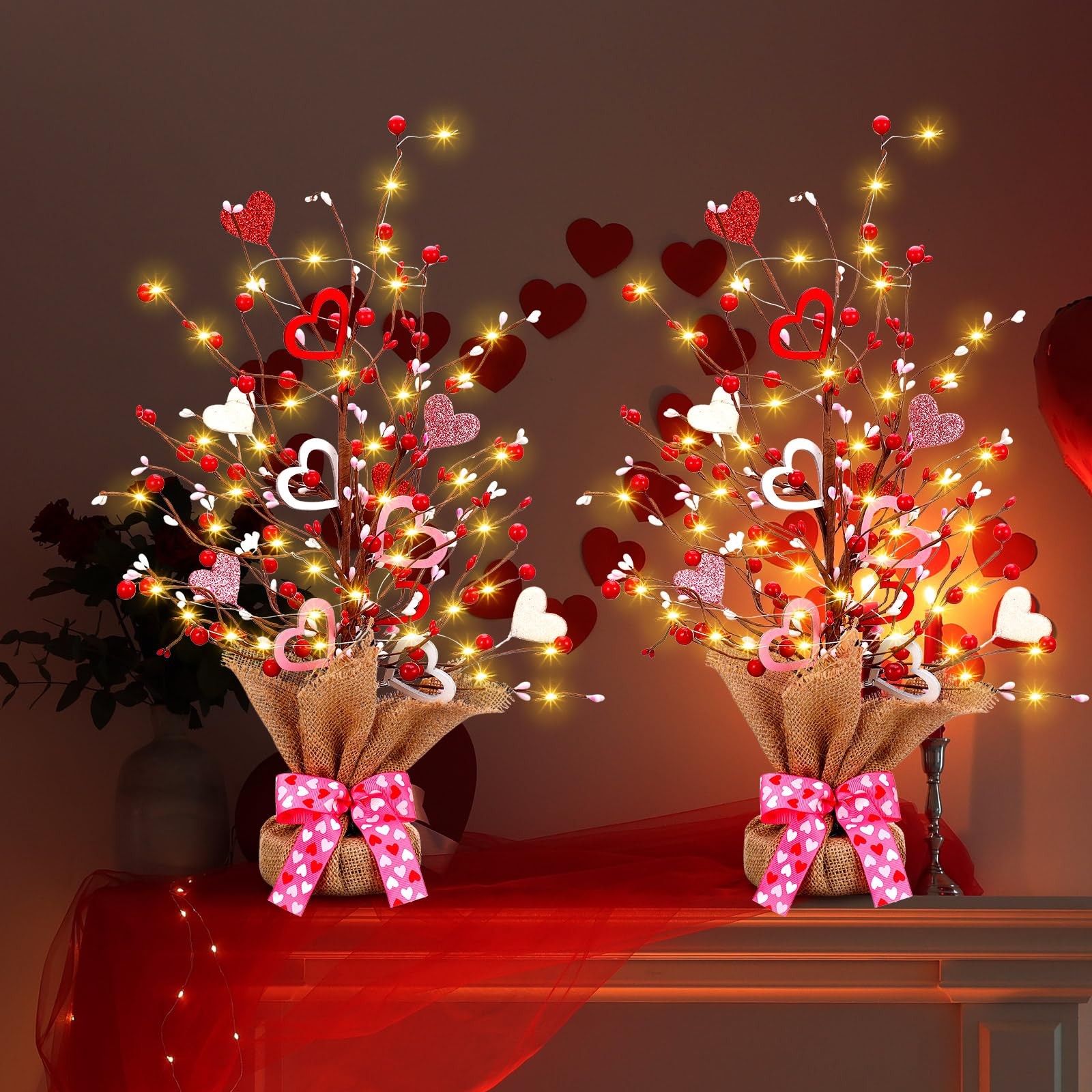 2 PCS Prelit Lighted Valentines Day Tree 21 Inch Tabletop Heart Ornament