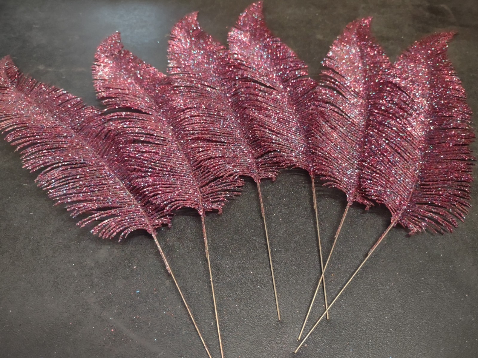 6 Pieces: Retro Plastic Feather Fern, Purple Red & Blue Glittered, Wired 15″