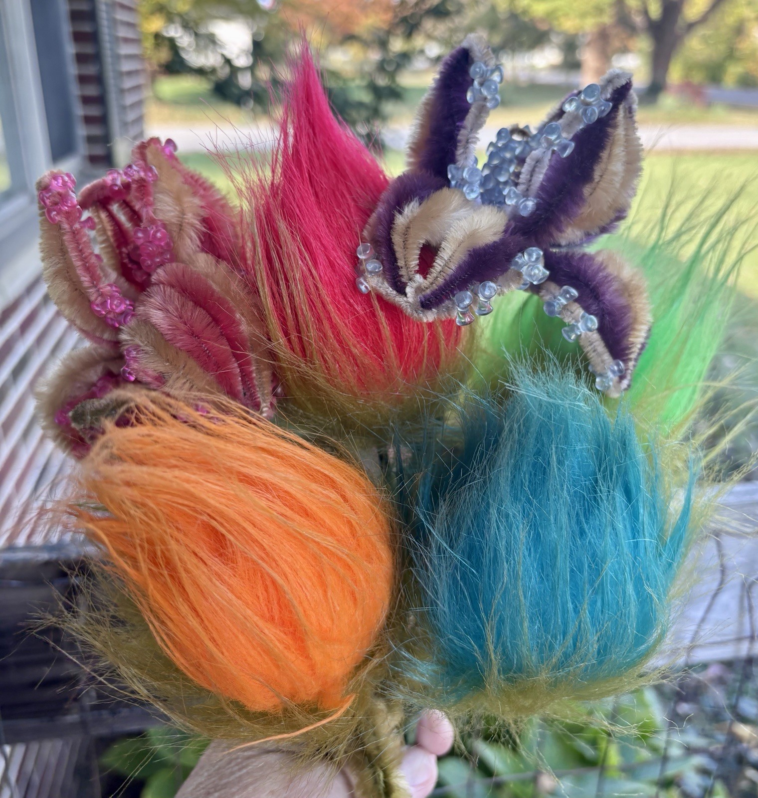 Vintage Handmade Flower Bouquet Beads Pipe Cleaner Troll Hair Whimsical Fantasy