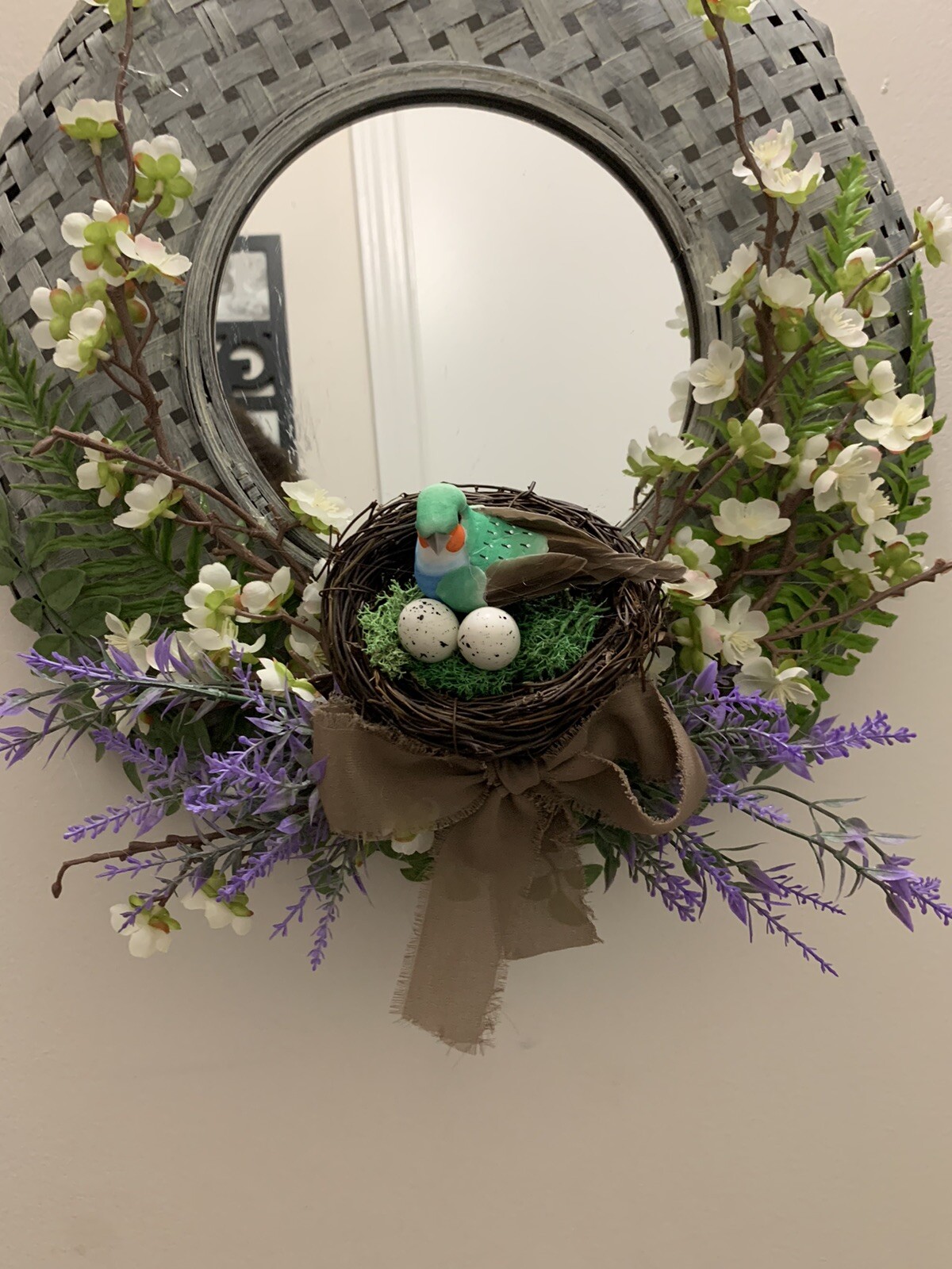 Hand Made Wicker Mirror Flower Bird Nest Wall Hanging Floral Arrangement ￼