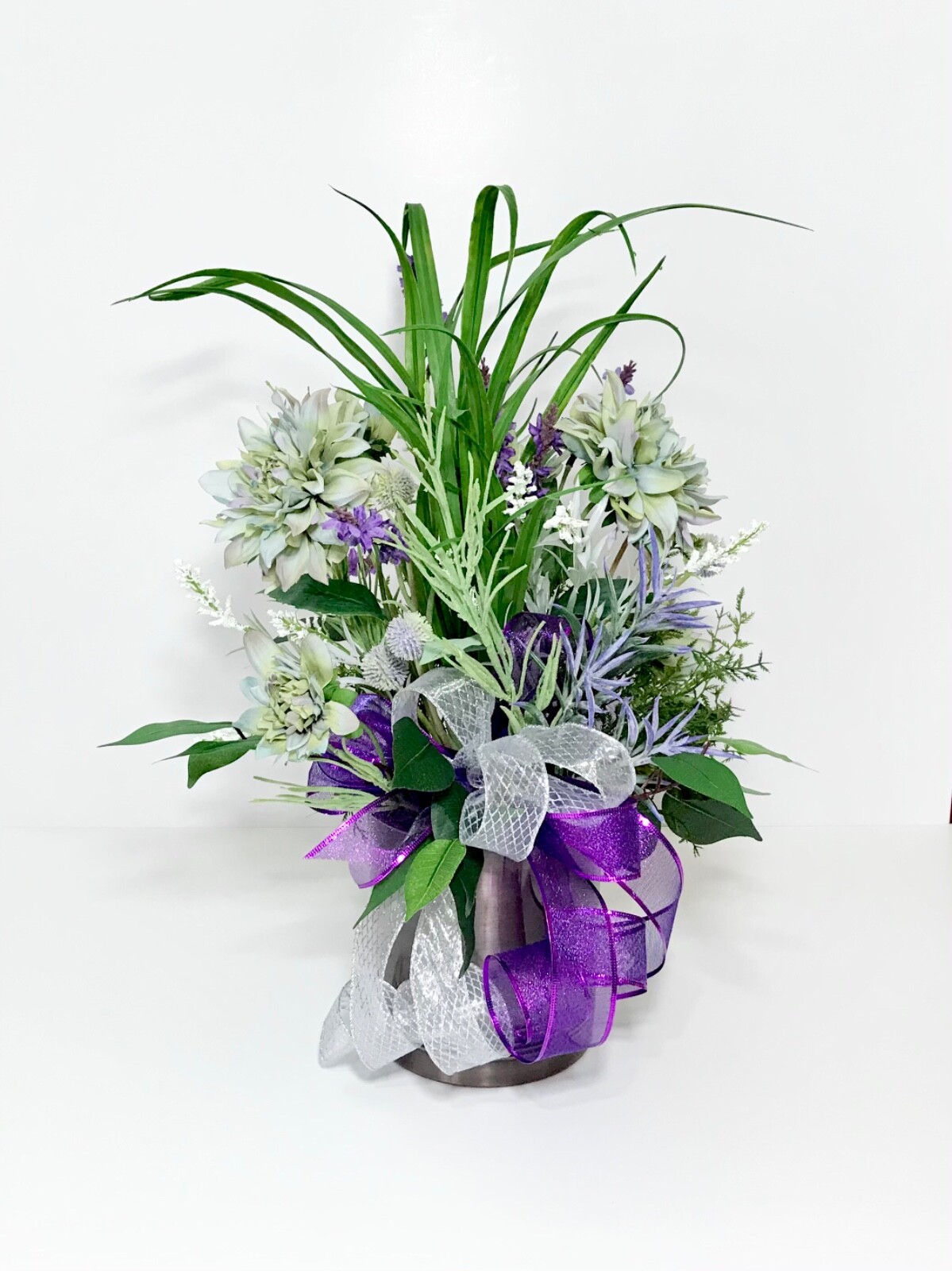 LARGE PURPLE GREEN FLORAL SPRING ARRANGEMENT BRONZE METAL CONTAINER CENTERPIECE
