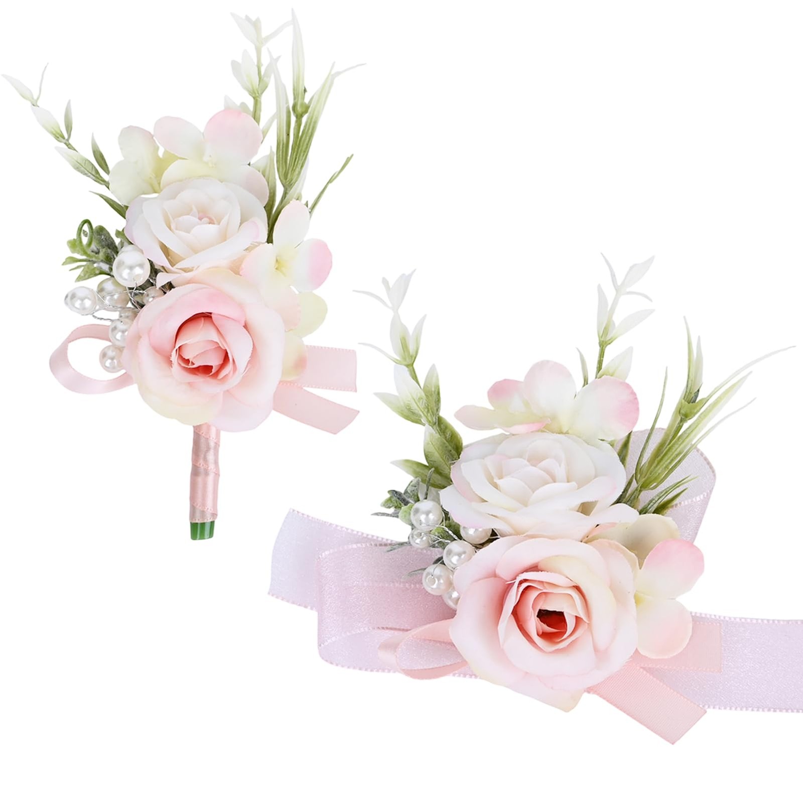 2 PCS Men Pale Pink Boutonniere Corsage Set Artificial Groom Formal Dinner