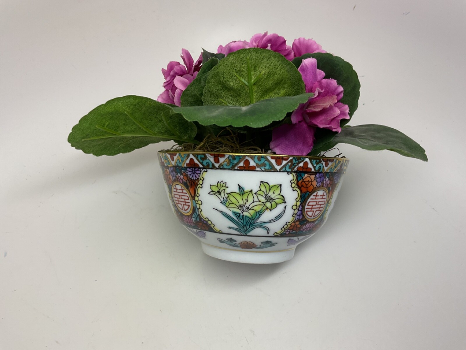Silk Flower Arrangement in Hand Painted Chinese Porcelain Bowl