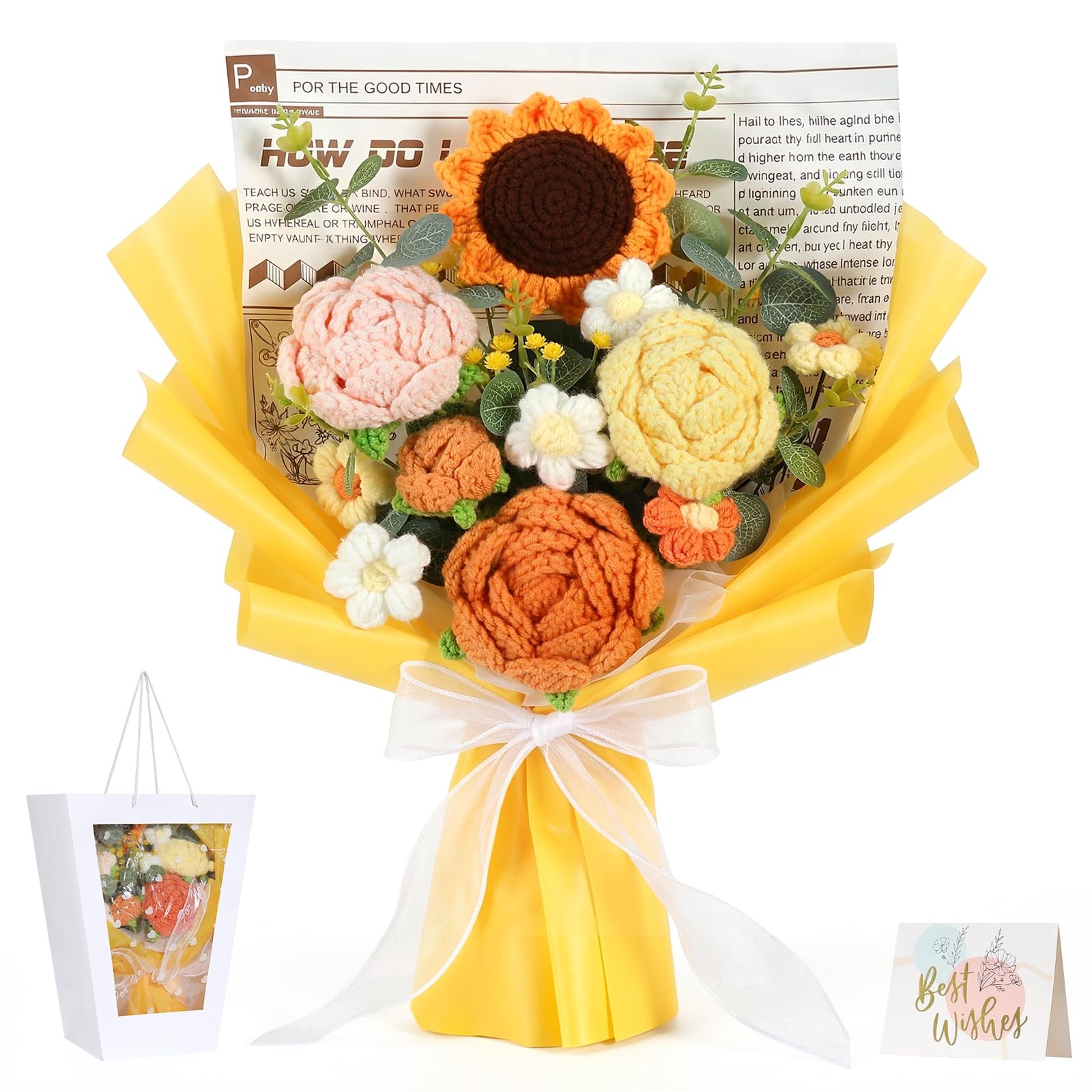 Crochet Flower Bouquet, Yellow Handmade Knitted Flowers, Crochet Sunflower Ro…