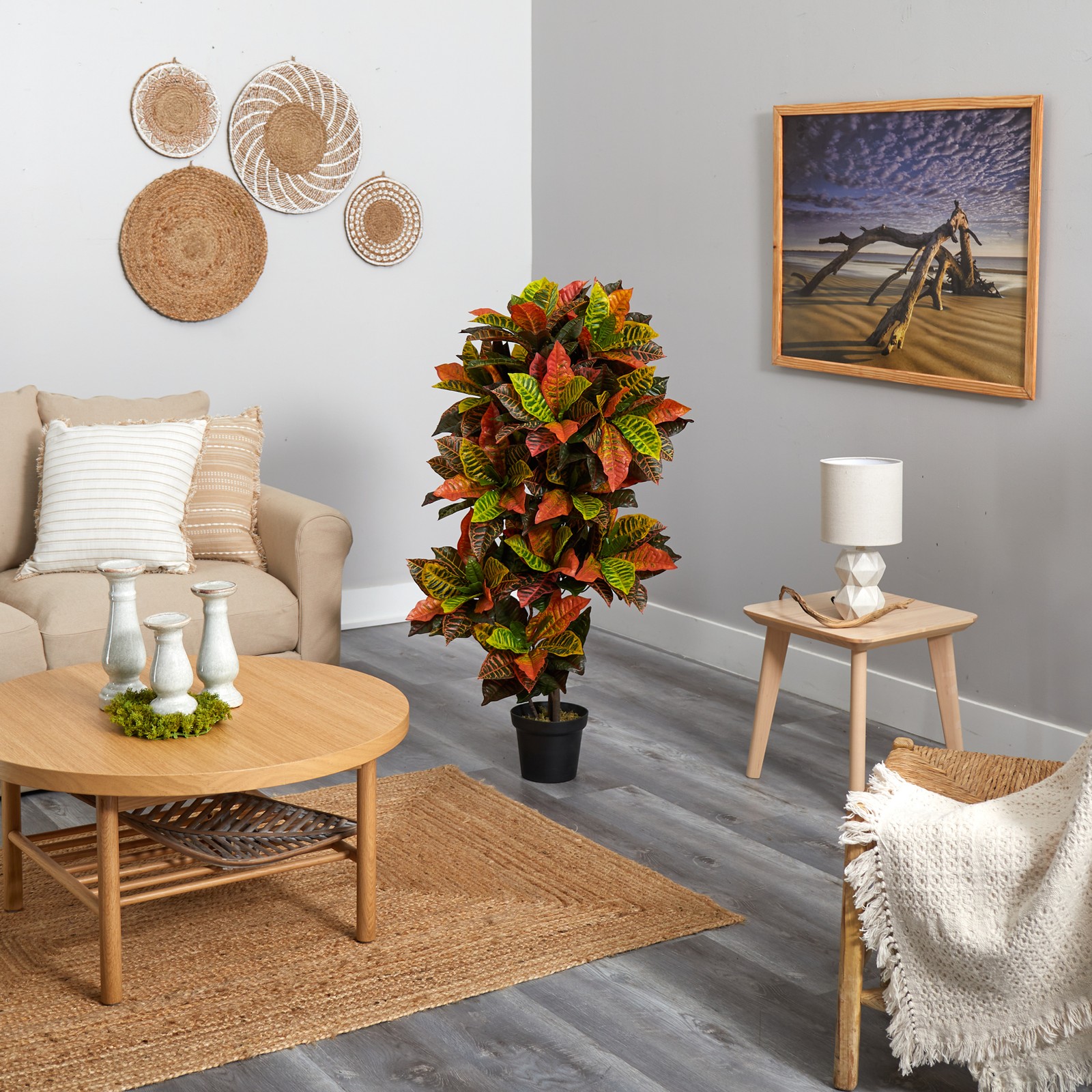 Nearly Natural 56″ Croton Plant Real Touch with Decorative Pot in Orange/Brown