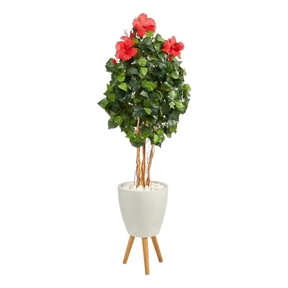 Nearly Natural 58″ Hibiscus Artificial Tree in White Planter with Stand in Green