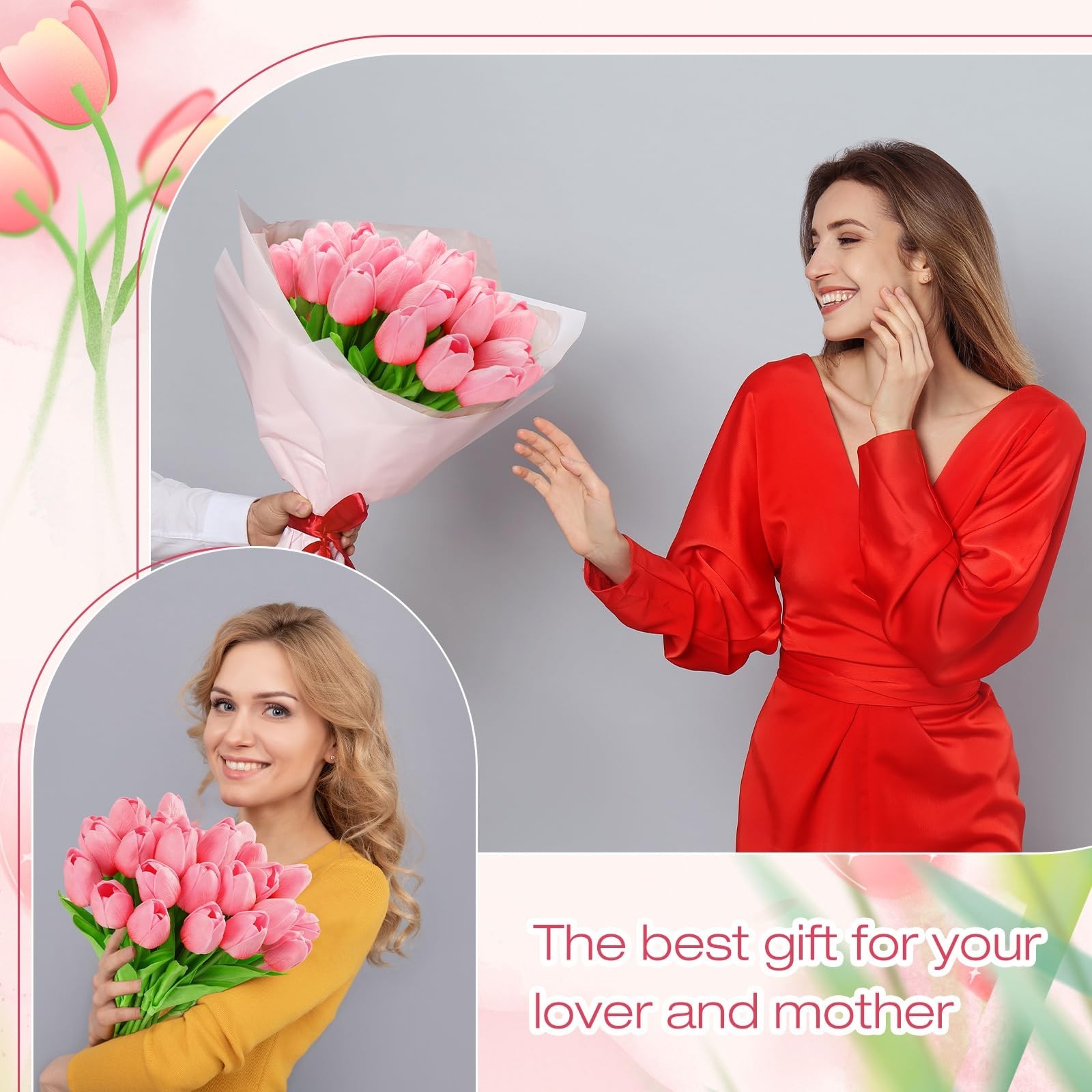 Lyrow 30 Pcs Tulips Artificial Bouquet Flowers Faux Tulips for Home Kitchen W…