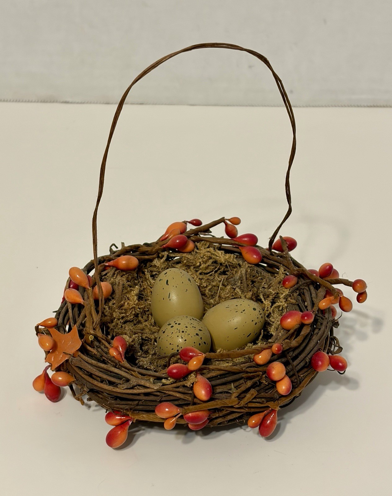 twig bird nest basket featuring faux eggs, , and moss Easter Decor Eggs Nest Vtg