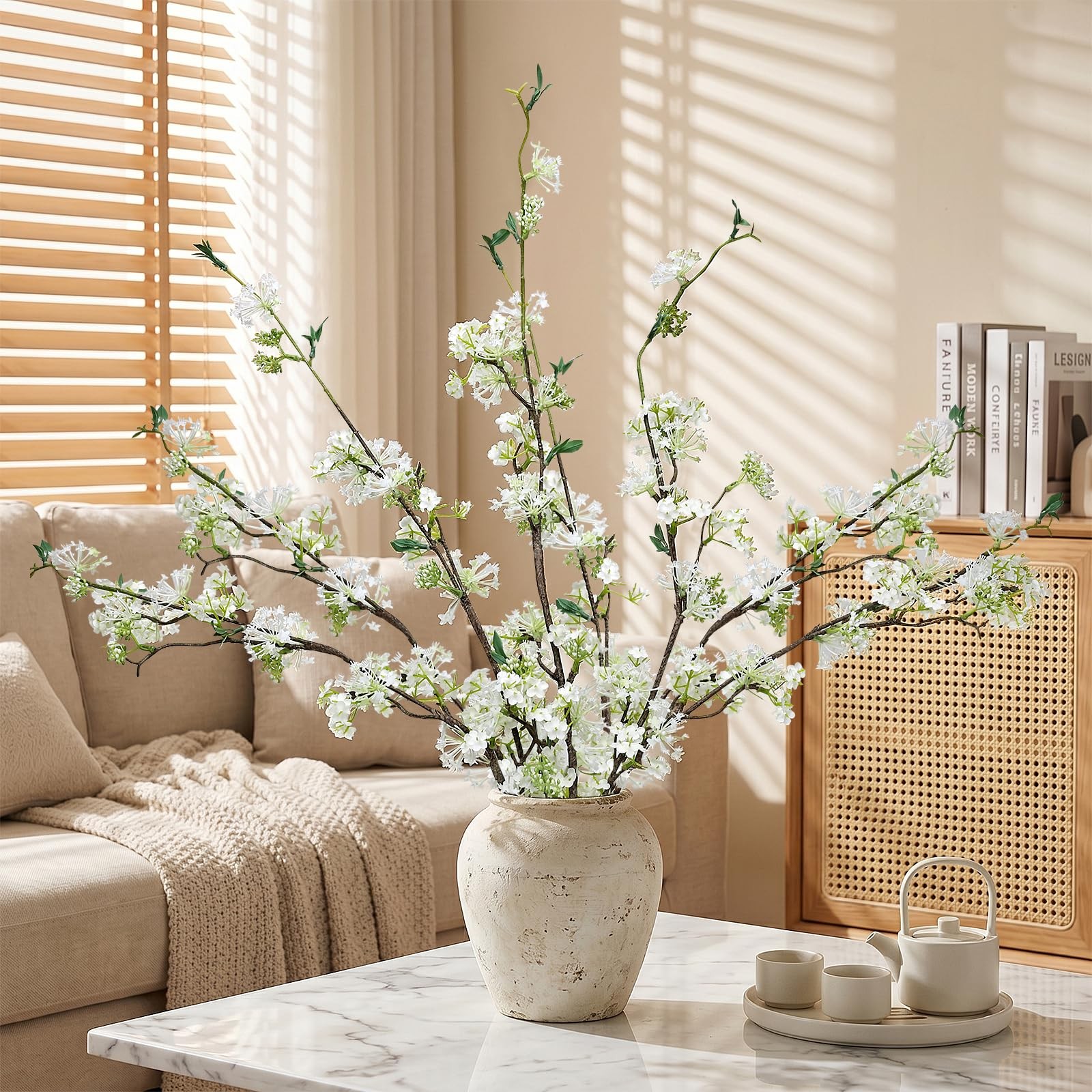 5 PCS Artificial Flowers Branches – 41 Inches Faux Snow Willow with Long Stem…