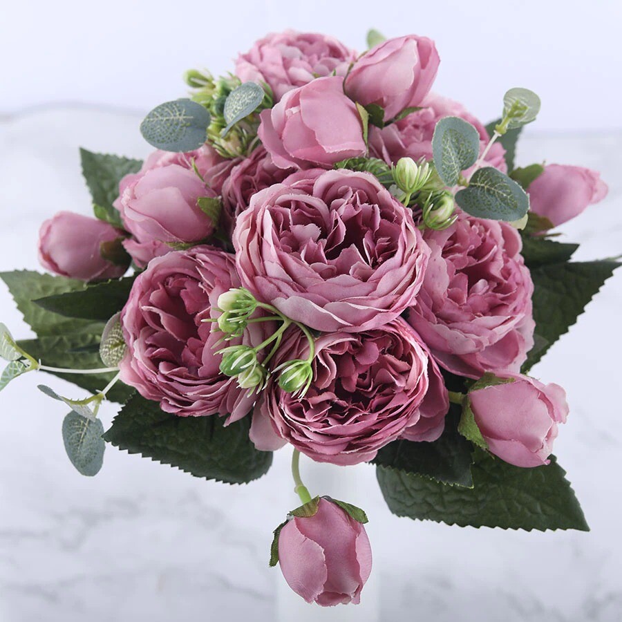30cm Rose Pink Silk Peony Artificial Flower Bouquet 5 Big Head 4 Bud Flowers DIY
